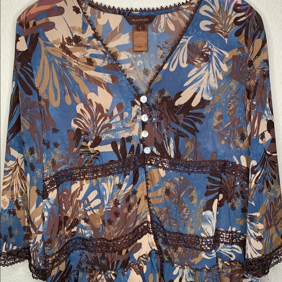 Multiples Floral Tunic Blue and Brown Open Front - Picture 2 of 7